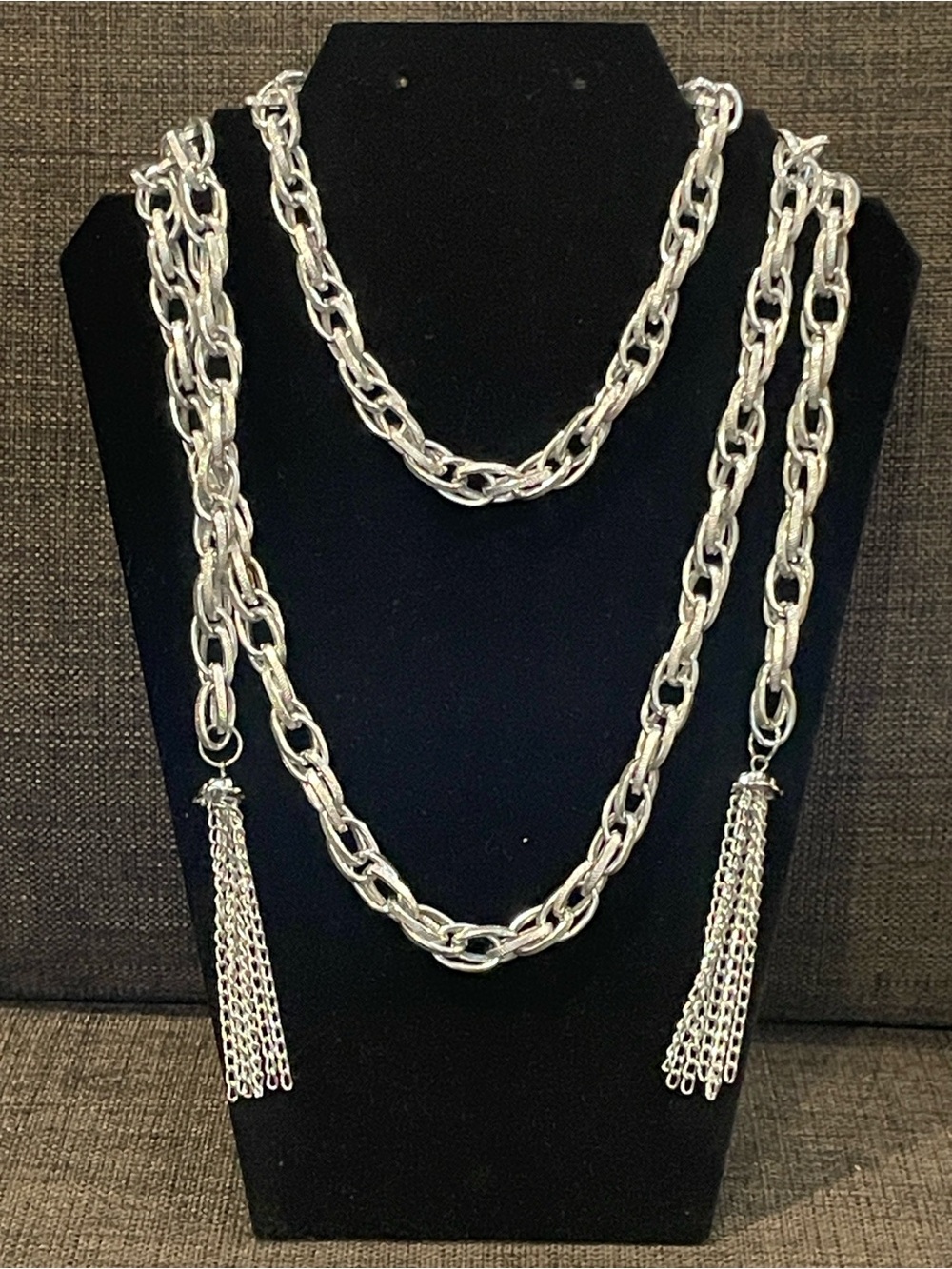 Silver-Tone Chain Tassel Necklace - EUC 60 inches
